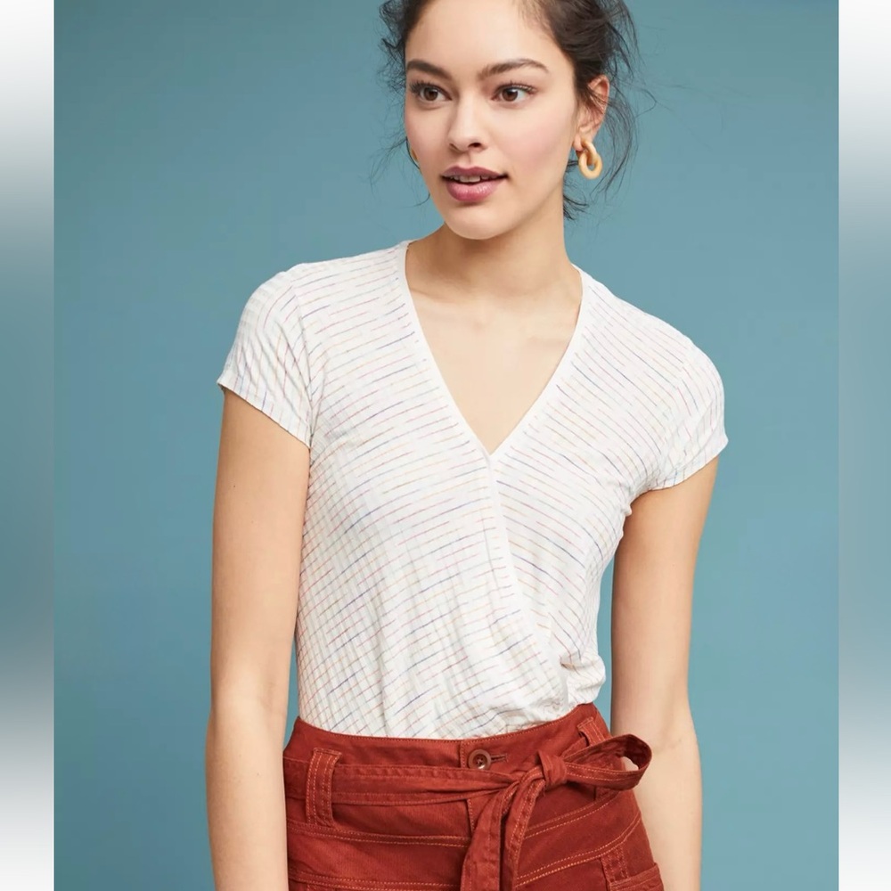 Maeve by Anthropologie White Rainbow Stripe Leila Faux Wrap Top Size Small